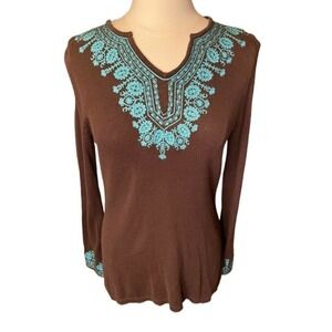 CYNTHIA ROWLEY Boho Chic Sweater Pullover Embroidered Medium Brown Turquoise